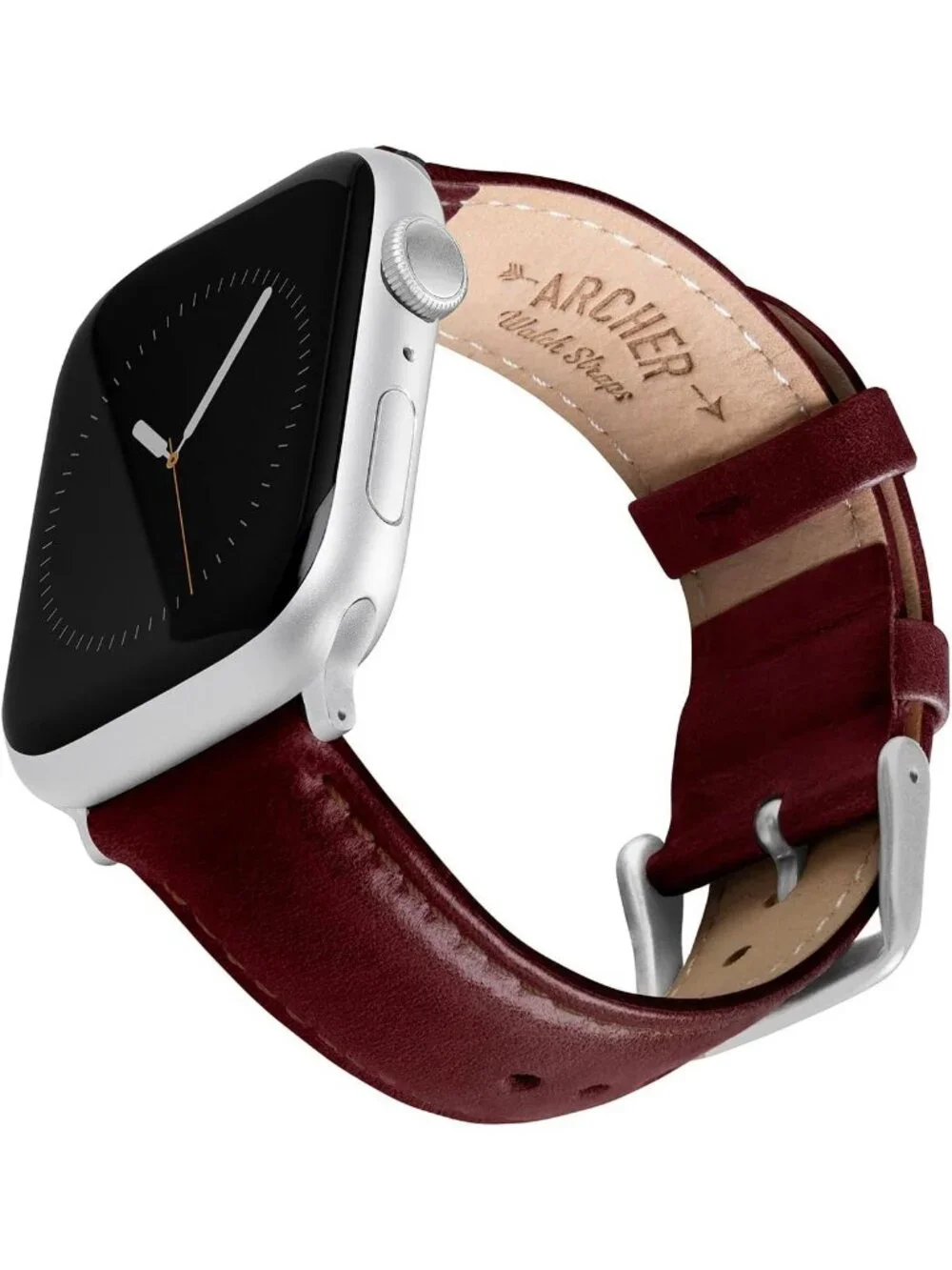 Men's Mahogany/Matched Thread, Matte Silver Hardware Leather Straps Apple Watch
